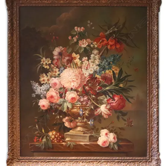 An 18th/19thC Dutch still life, oil on canvas, artist unknown, unsigned. 1050 x 910mm. Note: This finely worked still life is in its original gilded frame. Provenance: Ex. an English family estate inheritance.