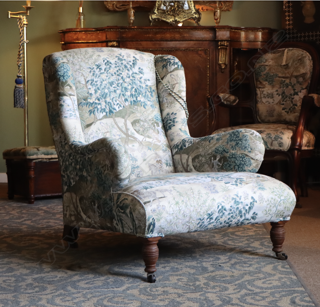 A Victorian armchair, upholstered in GP & J Baker 'Ramayana' Green/Mole fabric Image 1++