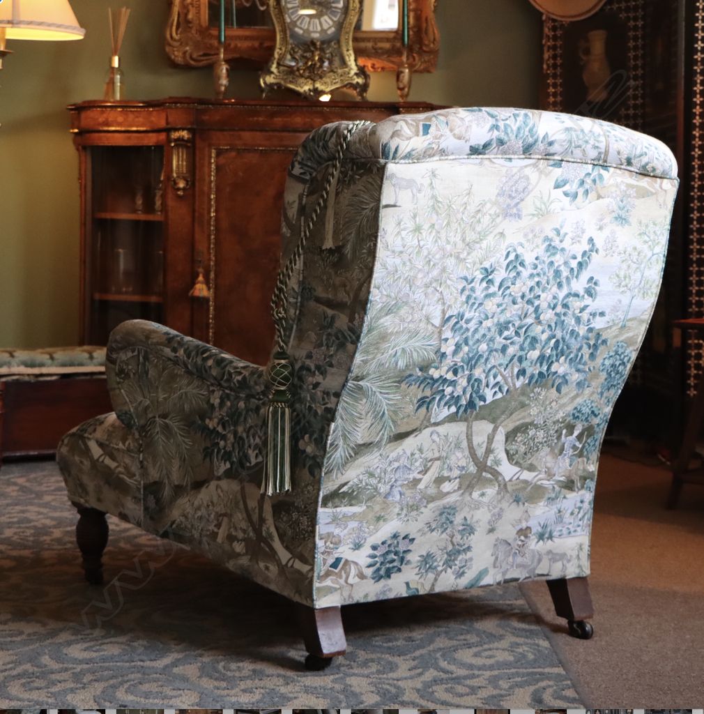 A Victorian armchair, upholstered in GP & J Baker 'Ramayana' Green/Mole fabric Image 1++