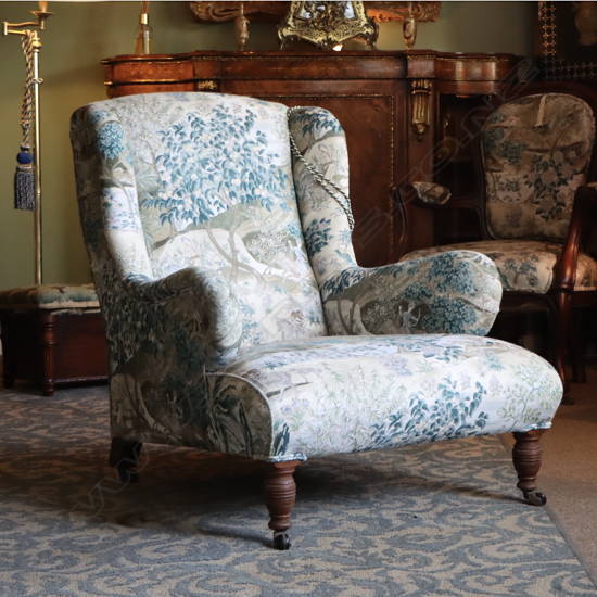 A Victorian armchair, upholstered in GP & J Baker 'Ramayana' Green/Mole fabric