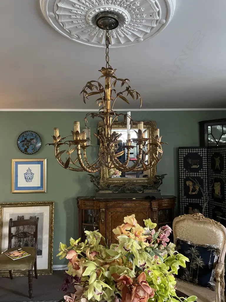 A Hollywood Regency six-arm gilded metal chandelier, Image 1++