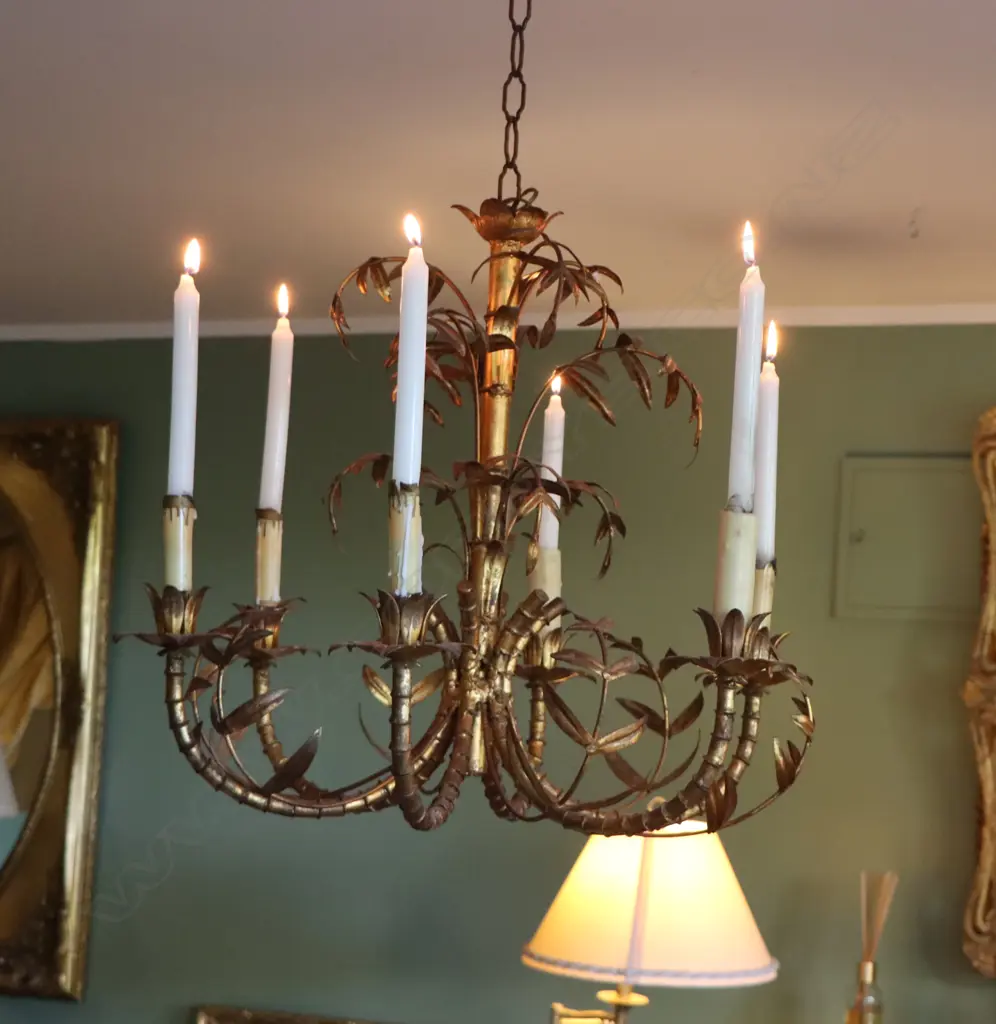 A Hollywood Regency six-arm gilded metal chandelier, Image 1++