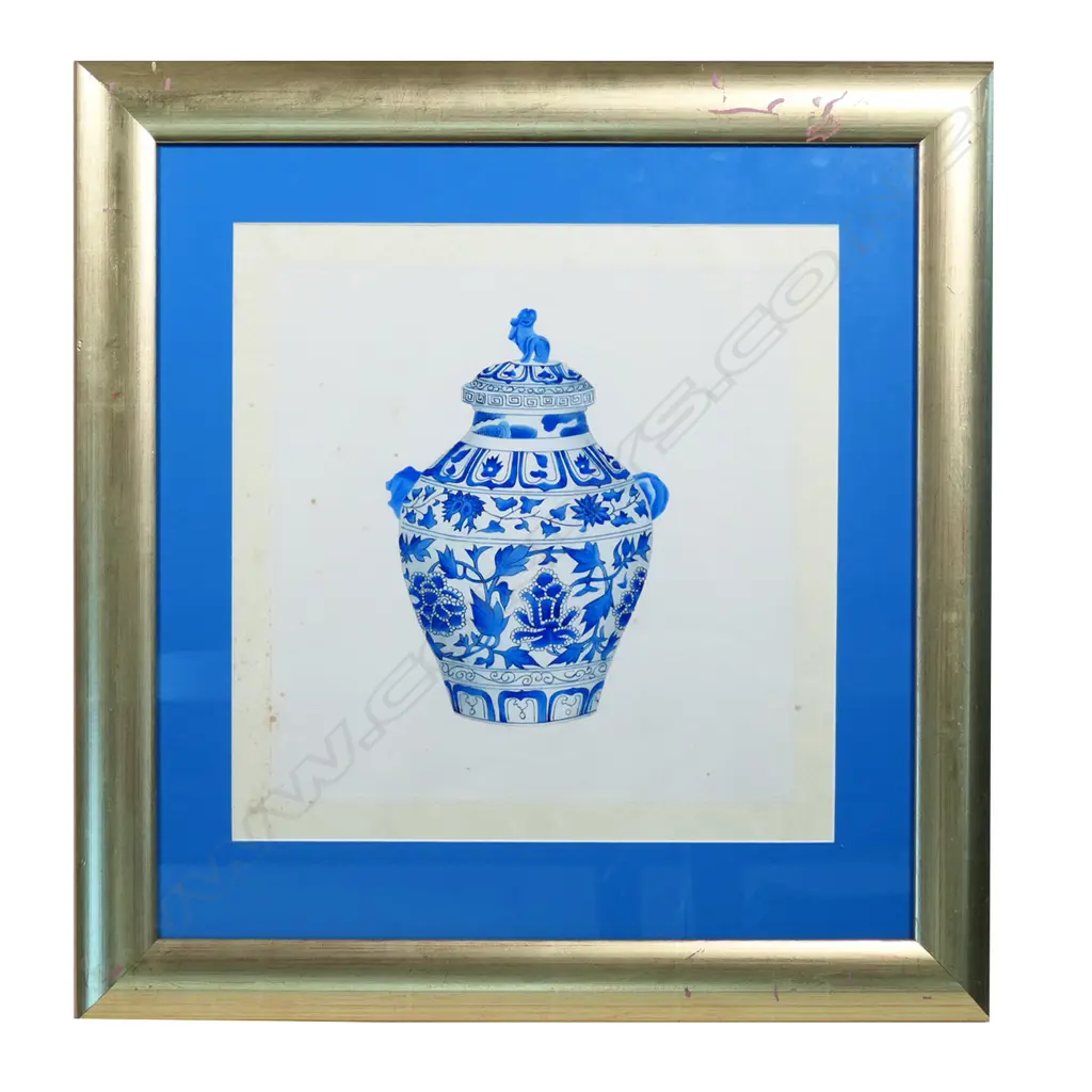 A Chinese framed hand painted image of a blue and white temple jar, Image 1++
