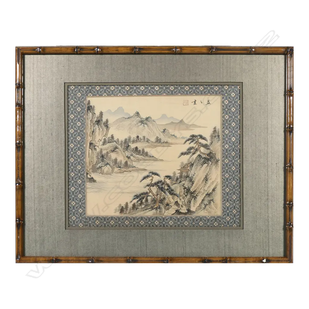 A pair of faux bamboo framed hand painted Chinese scenes on silk Image 1++