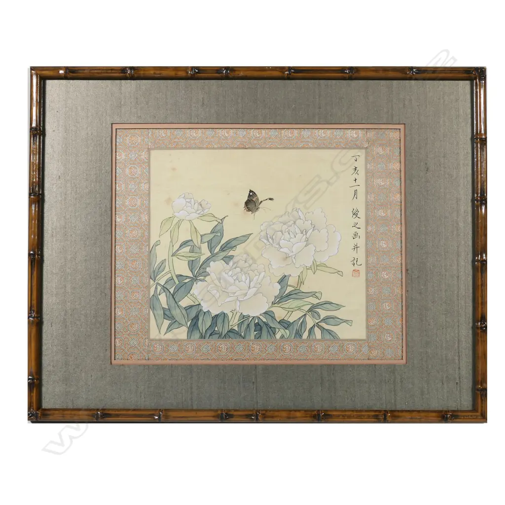 A pair of faux bamboo framed hand painted Chinese scenes on silk Image 1++
