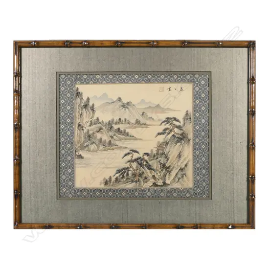 A pair of faux bamboo framed hand painted Chinese scenes on silk