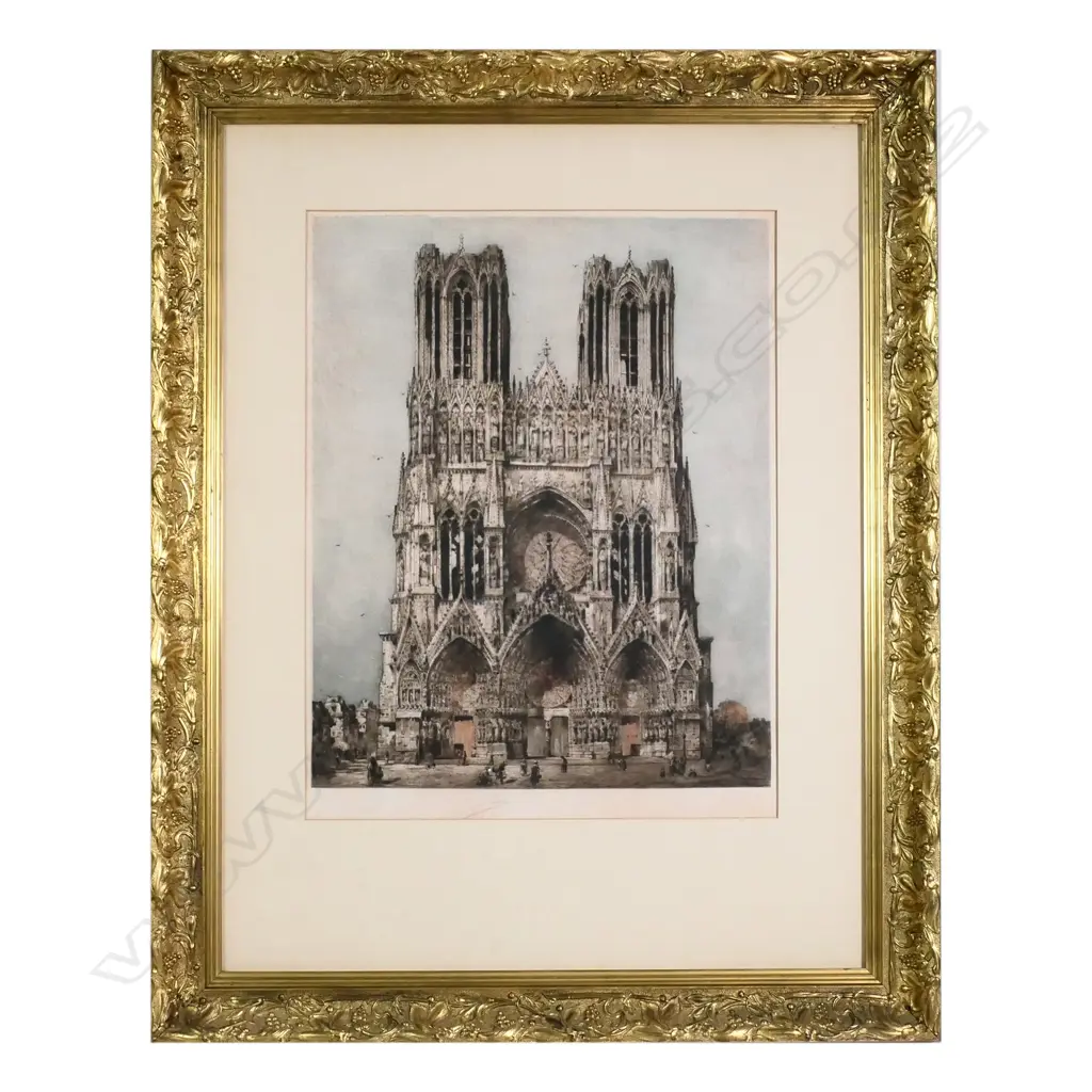 A mezzotint etching with colouring by Camille Foncé (French 1867-1938) of  'Rheims Cathedral', Image 1++