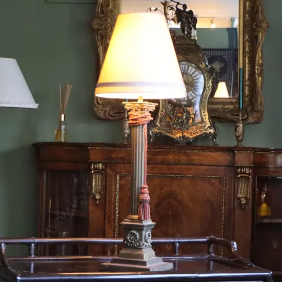 An English brass column table lamp with shade,