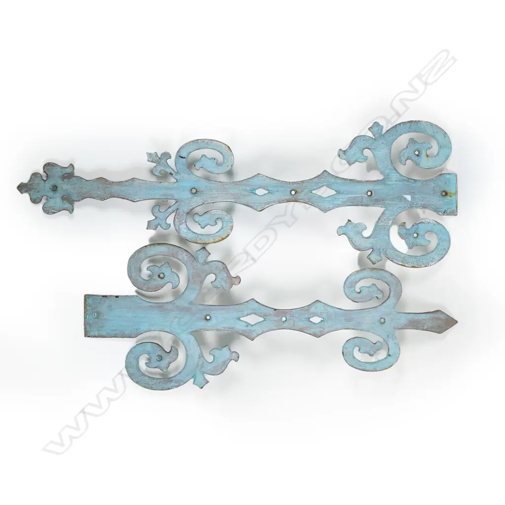 A set of six large antique decorative cast metal iron door hinge embellishments, Image 1++