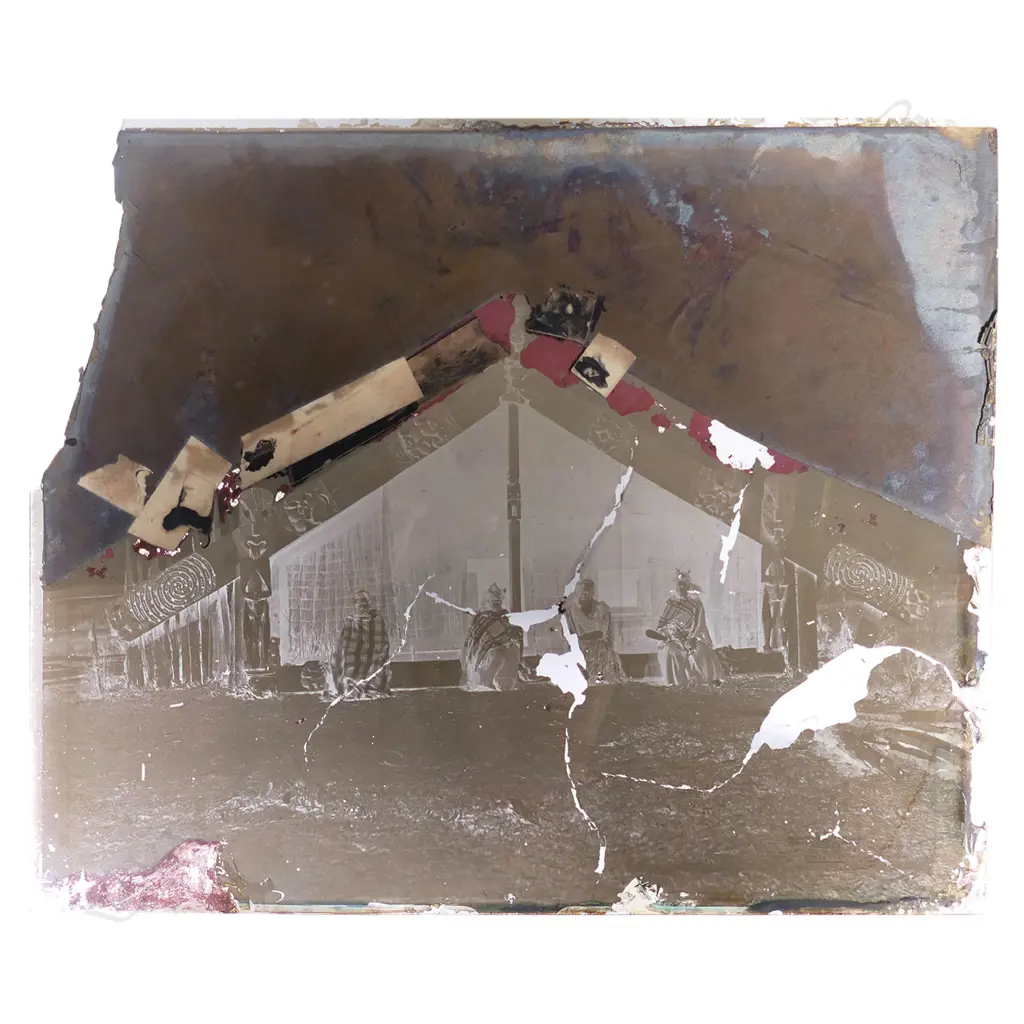 19thC photographer unknown two full glass plate negatives of a Māori figure groups in whare and in front of a marae, Image 1++