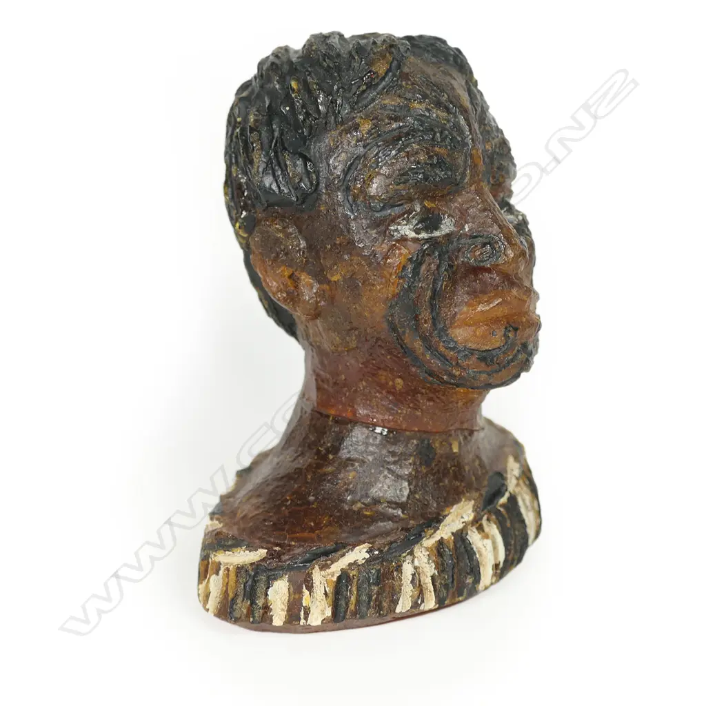 A c1900 carved and painted kauri gum bust of a Māori chief, Image 1++