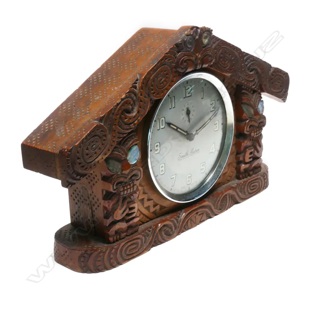 A c.1940 Māori  carved whare mantle clock, Image 1++