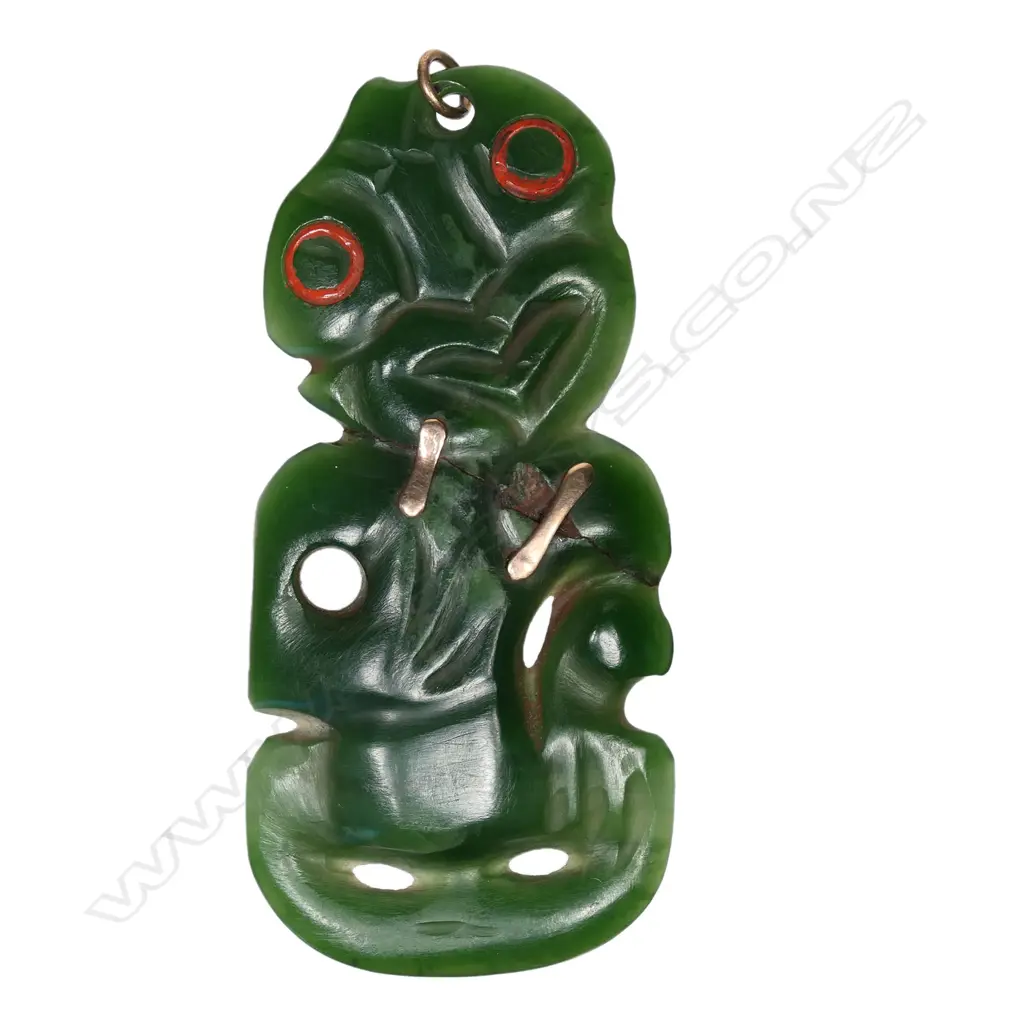 A 19thC pounamu Māori hei tiki with gold repairs, Image 1++