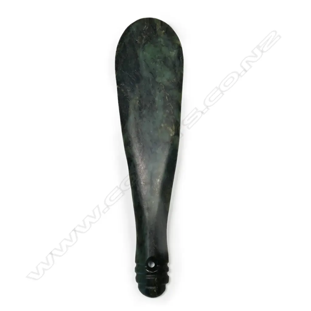 A mere pounamu, of rich dark green stone with black inclusions, Image 1++