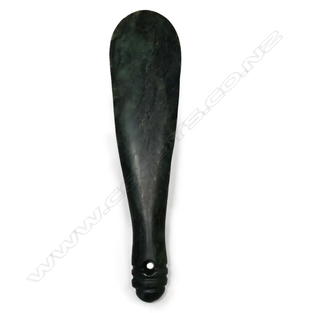 A mere pounamu, of rich dark green stone with black inclusions, Image 1++