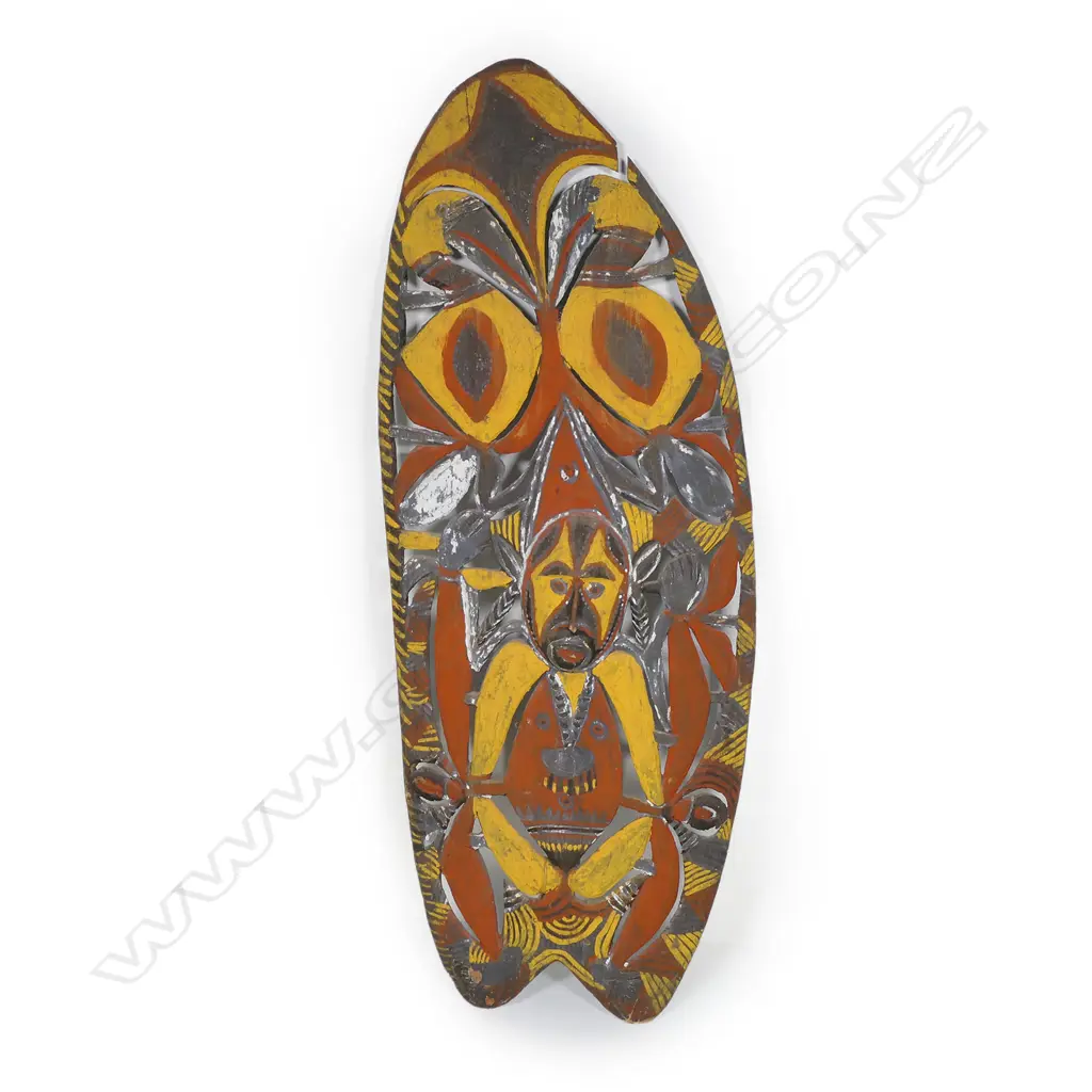 PNG carved & painted shield with birds & figure, Image 1++