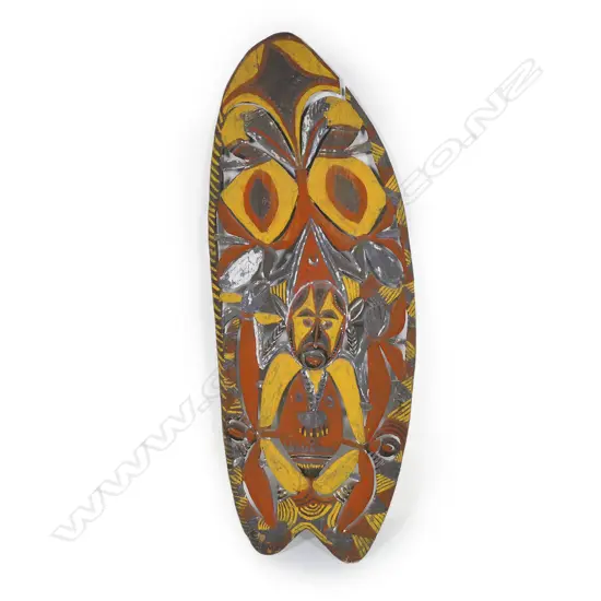 PNG carved & painted shield with birds & figure,