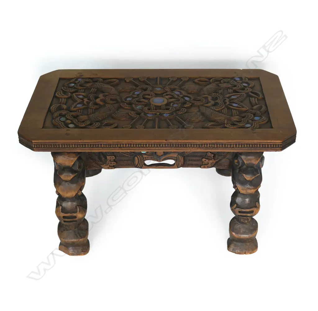A New Zealand historically important early 20thC Māori carved small table by Henry Evan Lloyd, Image 1++