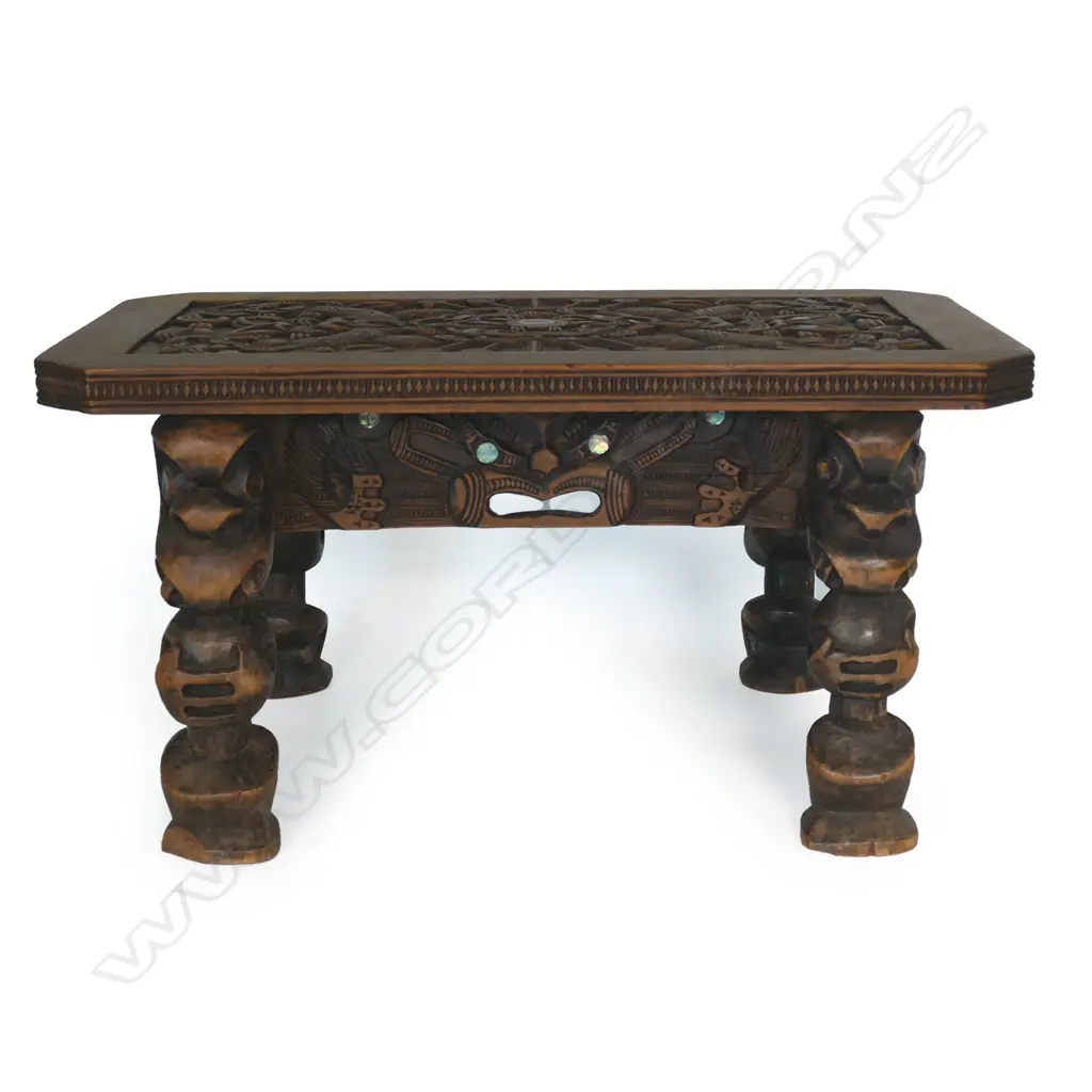 A New Zealand historically important early 20thC Māori carved small table by Henry Evan Lloyd, Image 1++