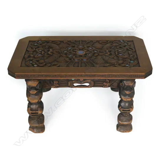 A New Zealand historically important early 20thC Māori carved small table by Henry Evan Lloyd,