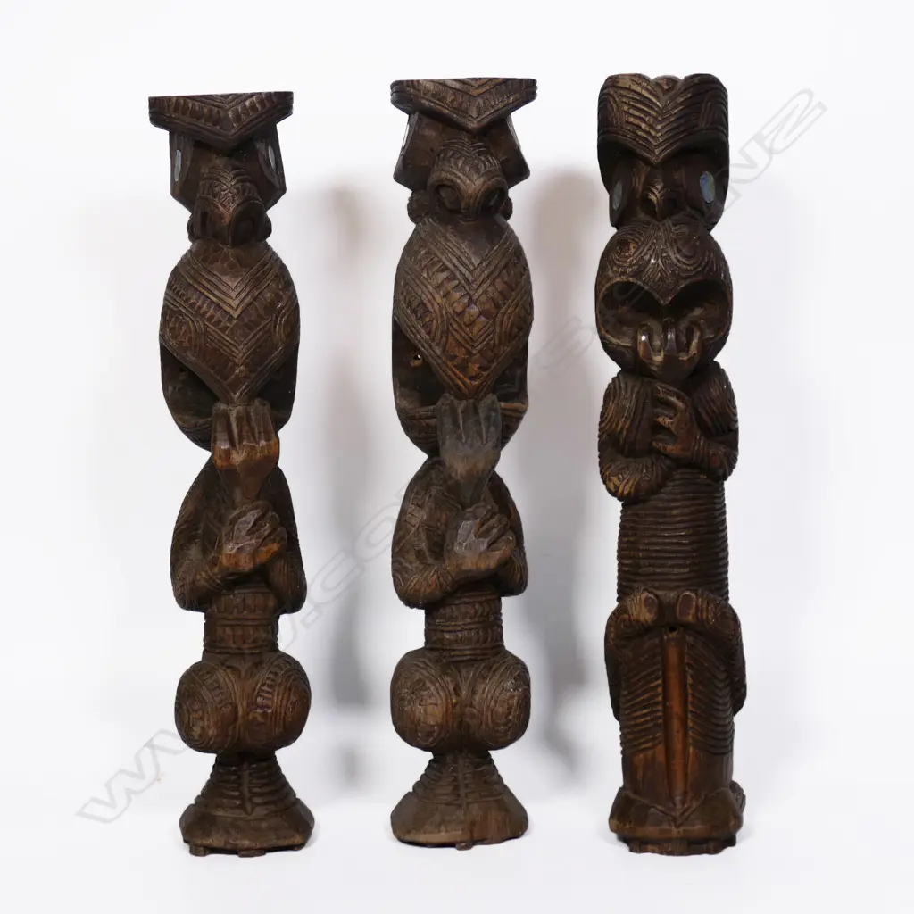 Three early 20thC Māori carved tekoteko figures by Henry Evan Lloyd, Image 1++