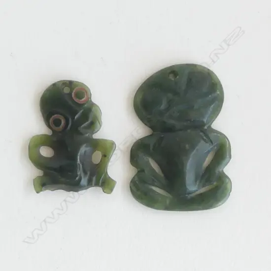 2 vintage small Maori pounamu hei tiki 1 w legs absent. Tallest 35mm
