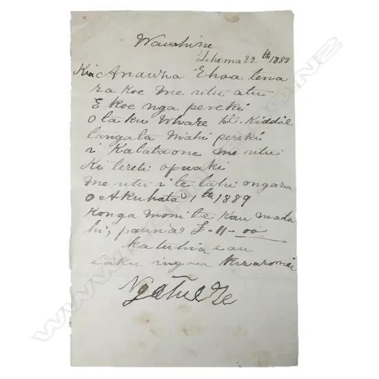 A December 22nd 1888 letter written in Māori with translation,