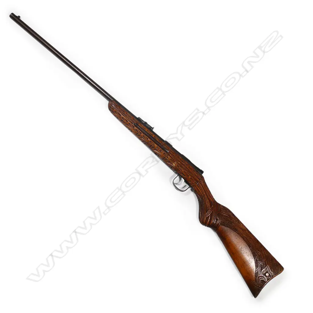 A .22 calibre Gecado Plinker rifle the stock carved with Māori motifs, Image 1++