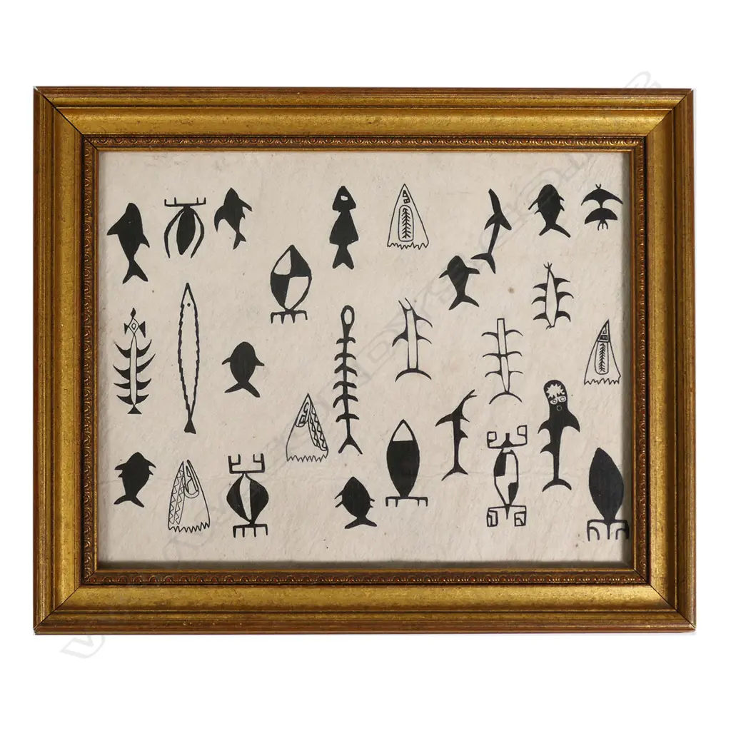 Framed fine ink sketches on tapa or heavy paper of ethnic animals Image 1++