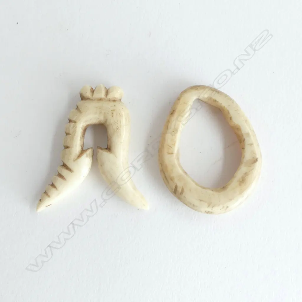 Old carved bone double barbed fishhook and old bone ring Image 1++