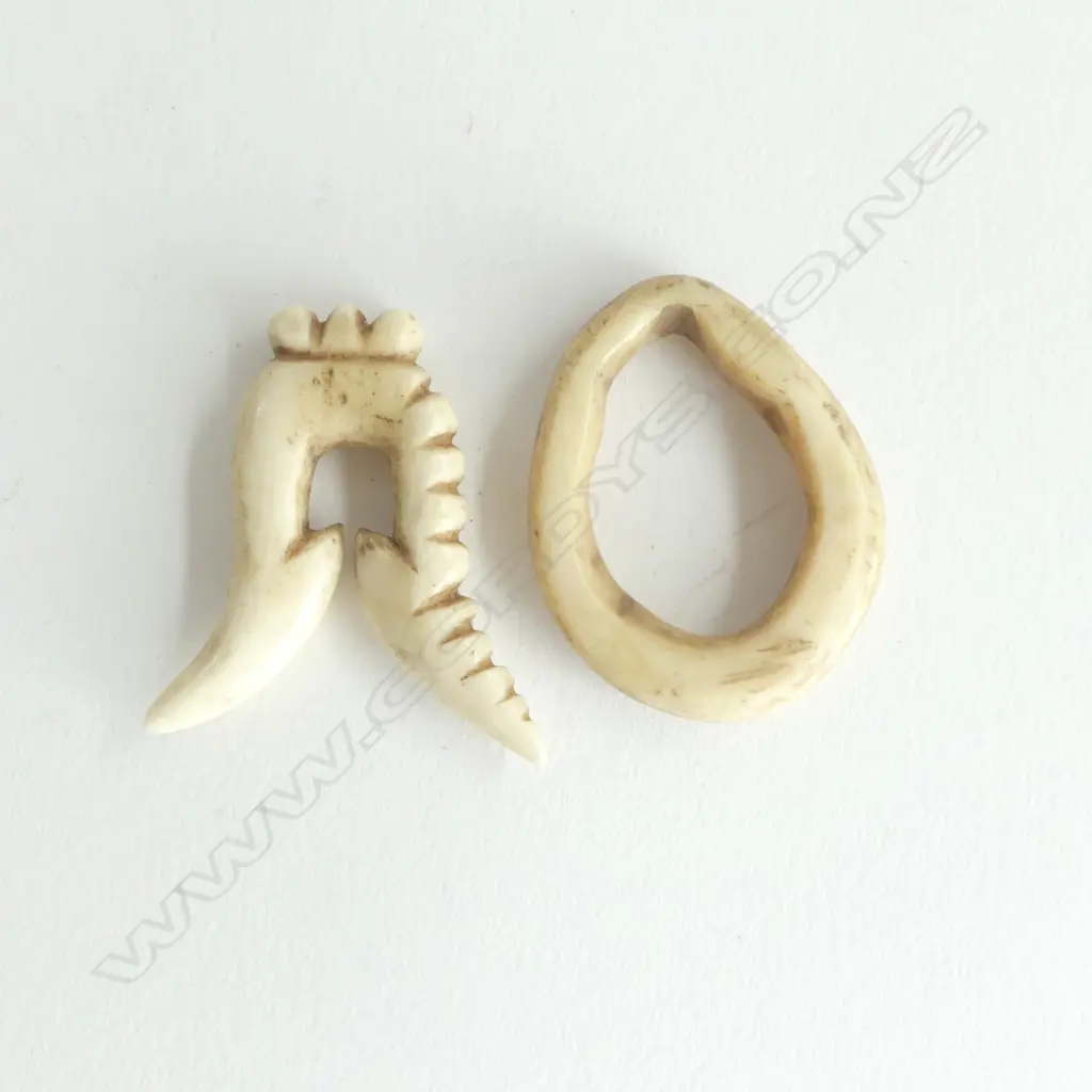 Old carved bone double barbed fishhook and old bone ring Image 1++