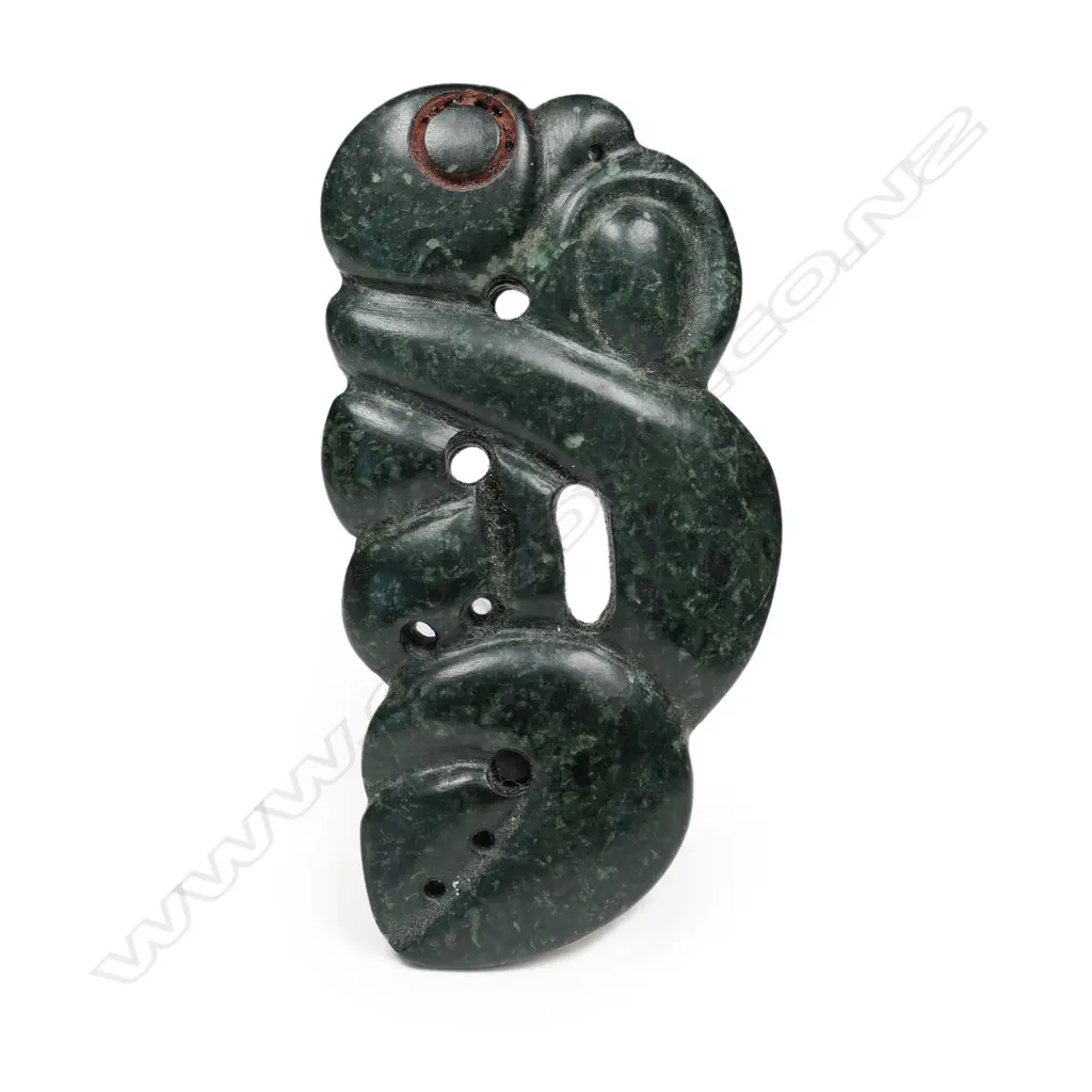 A Mike Higgs greenstone carved manaia form pekapeka pendant, Image 1++
