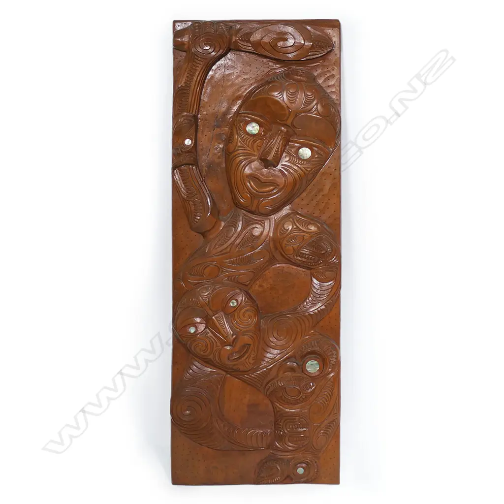 A c.1980s Māori carved tekoteko figured panel by Peter Hemi, Image 1++