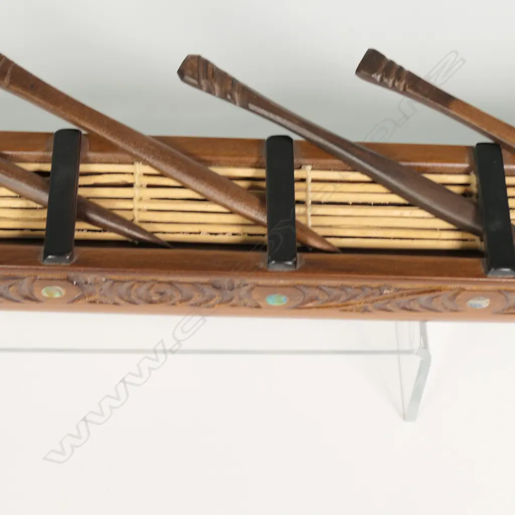 A Māori carved model waka by Bruse Larsen of Te Aroha, Image 1++