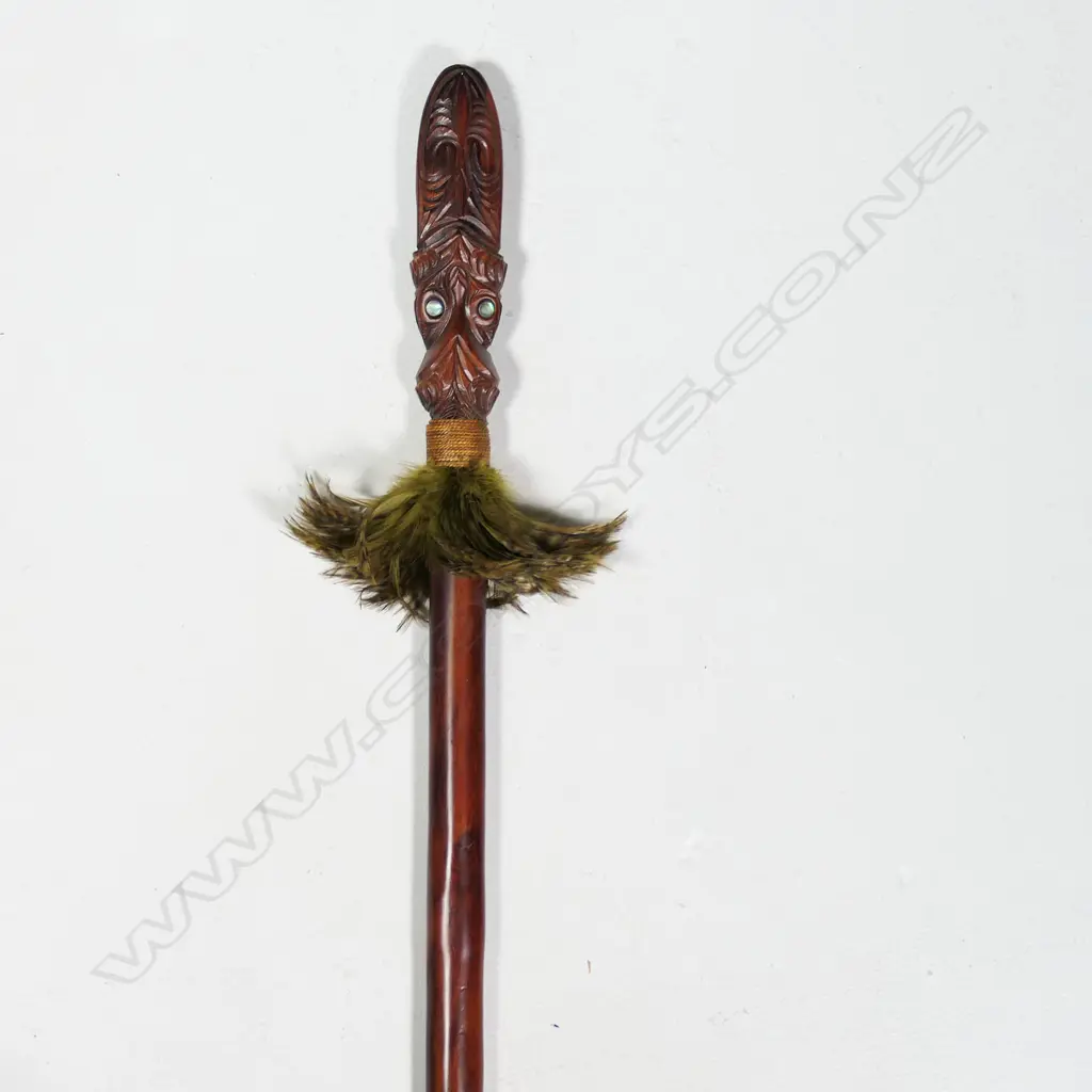 Māori Taiaha carved with feather and paua adornment, Image 1++