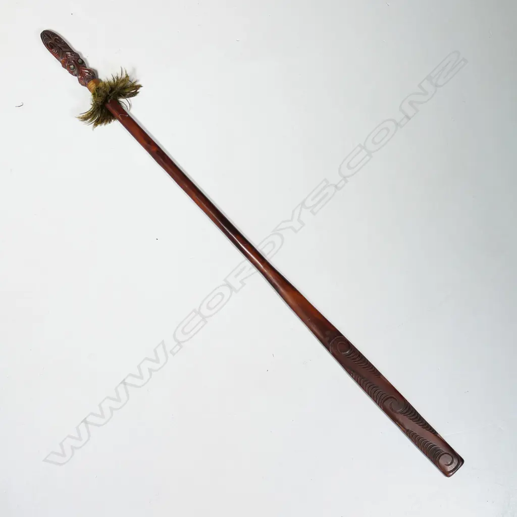 Māori Taiaha carved with feather and paua adornment, Image 1++