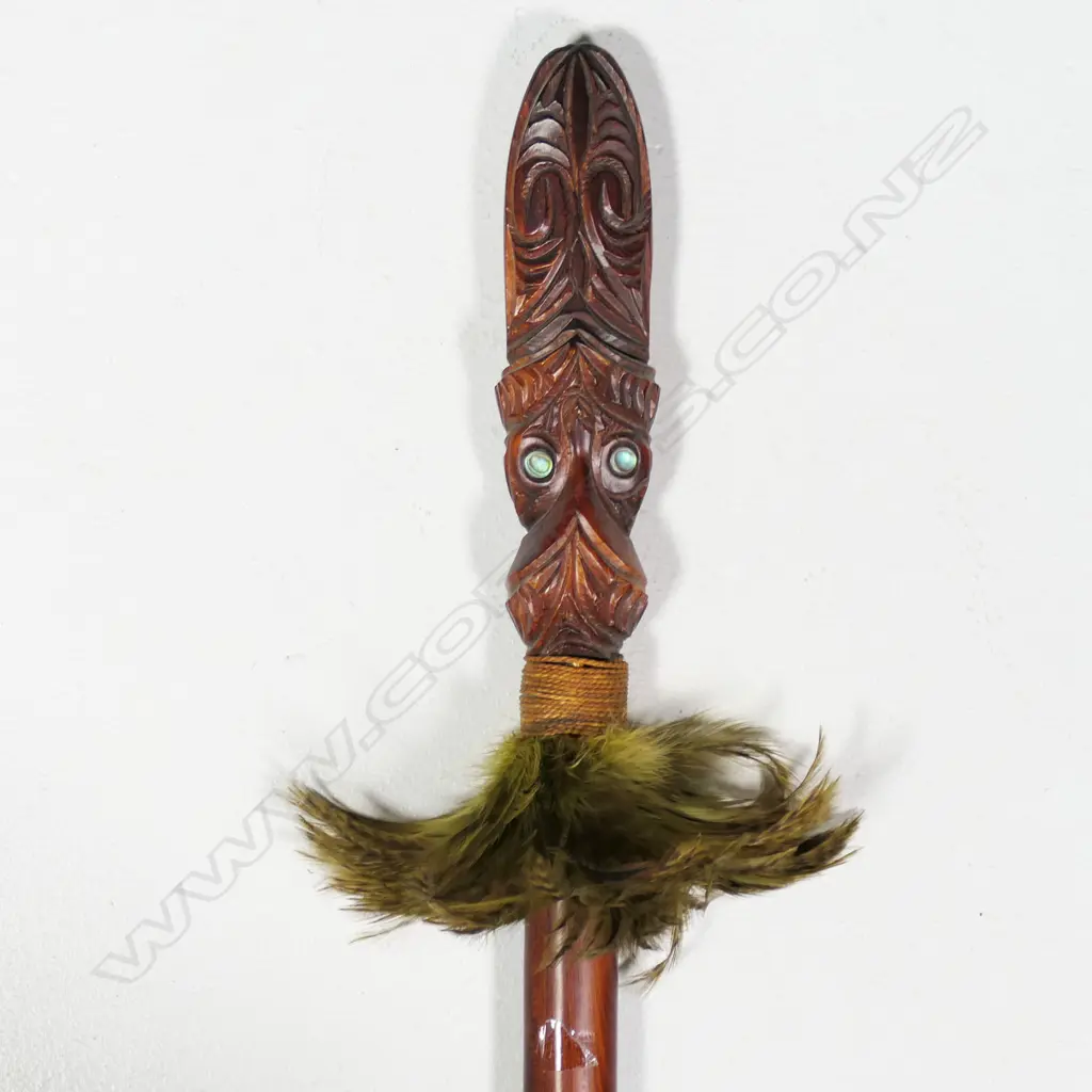 Māori Taiaha carved with feather and paua adornment, Image 1++