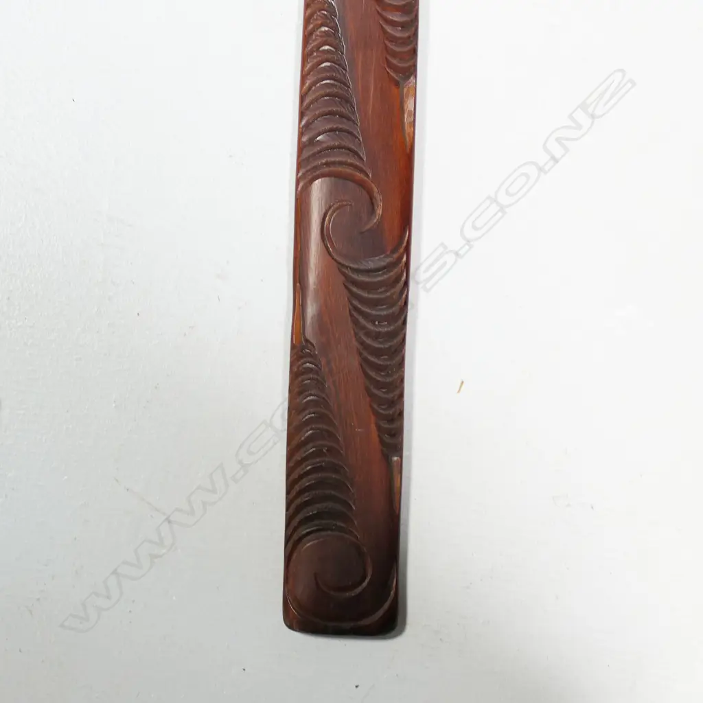 Māori Taiaha carved with feather and paua adornment, Image 1++