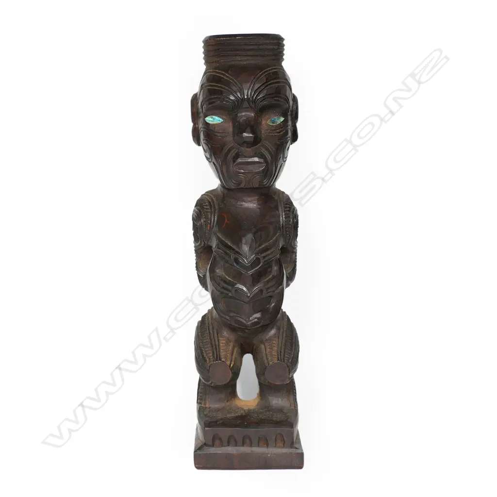 A c.1970a Māori carved tekoteko figure , with spiral, kowhaiwhai and other carved detail, Image 1++