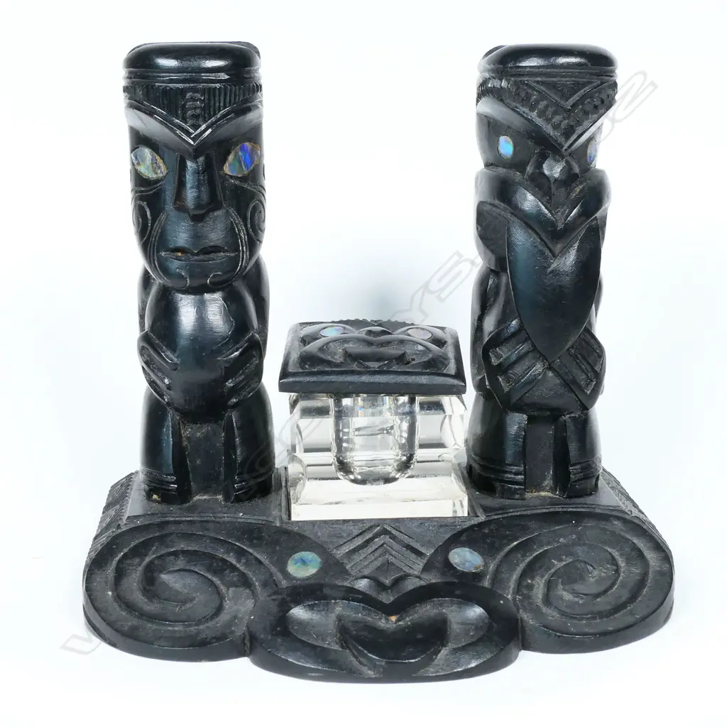 A Māori carved desk stand, ebonised timber, Image 1++