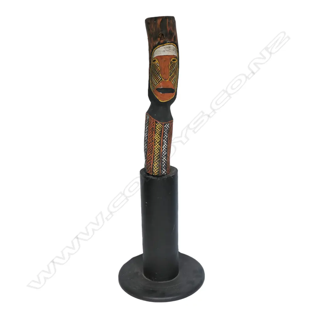 An Aboriginal painted wood carving on a plinth, Image 1++