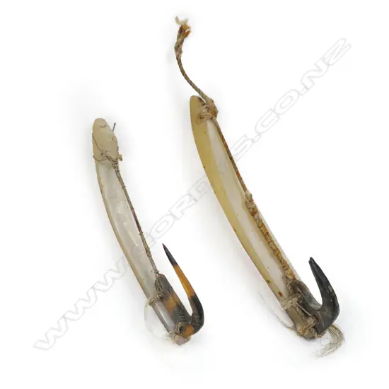 Two Pacific Island mother-of-pearl and tortoiseshell trolling lures,