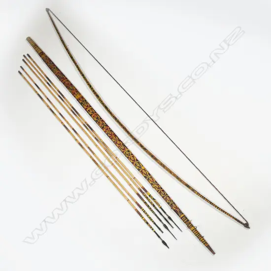 Two PNG goroka tribe bows and five arrows,