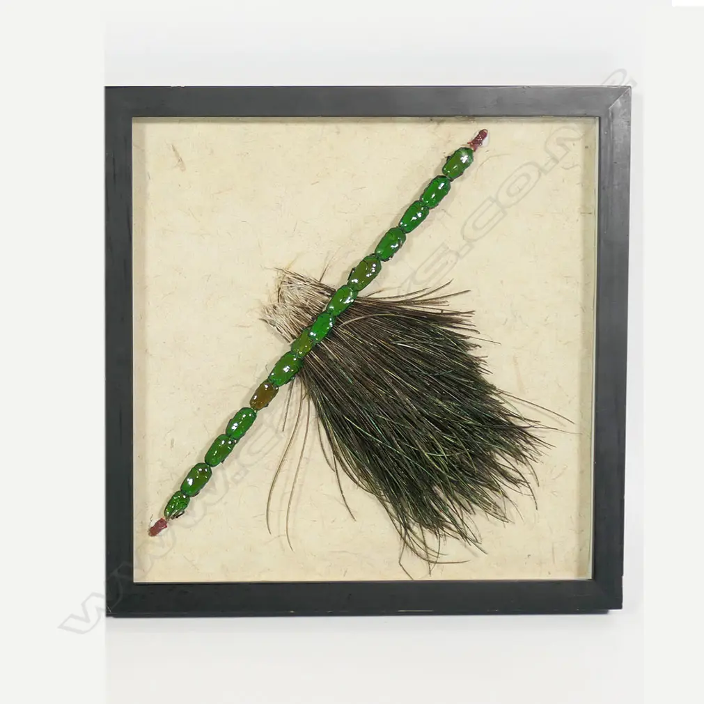 A framed strip of green beetles mounted on stick with brightly coloured feathers, Image 1++