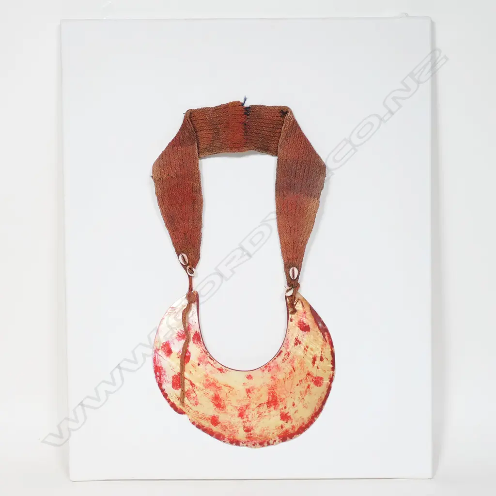 Large kina shell with red ochre and red fibre strap necklace, Image 1++