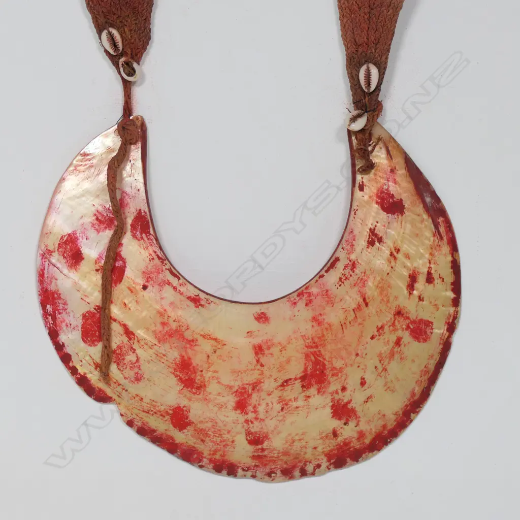 Large kina shell with red ochre and red fibre strap necklace, Image 1++
