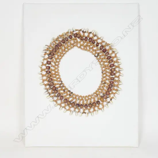 Shell and seeds necklace mounted on canvas,