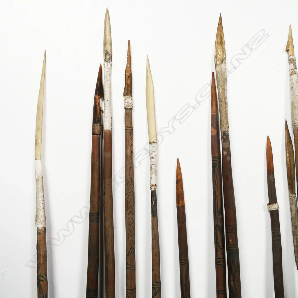 A collection of fifteen spears plus bow and 'man catcher' hoop with stand, Image 1++
