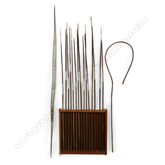 A collection of fifteen spears plus bow and 'man catcher' hoop with stand,
