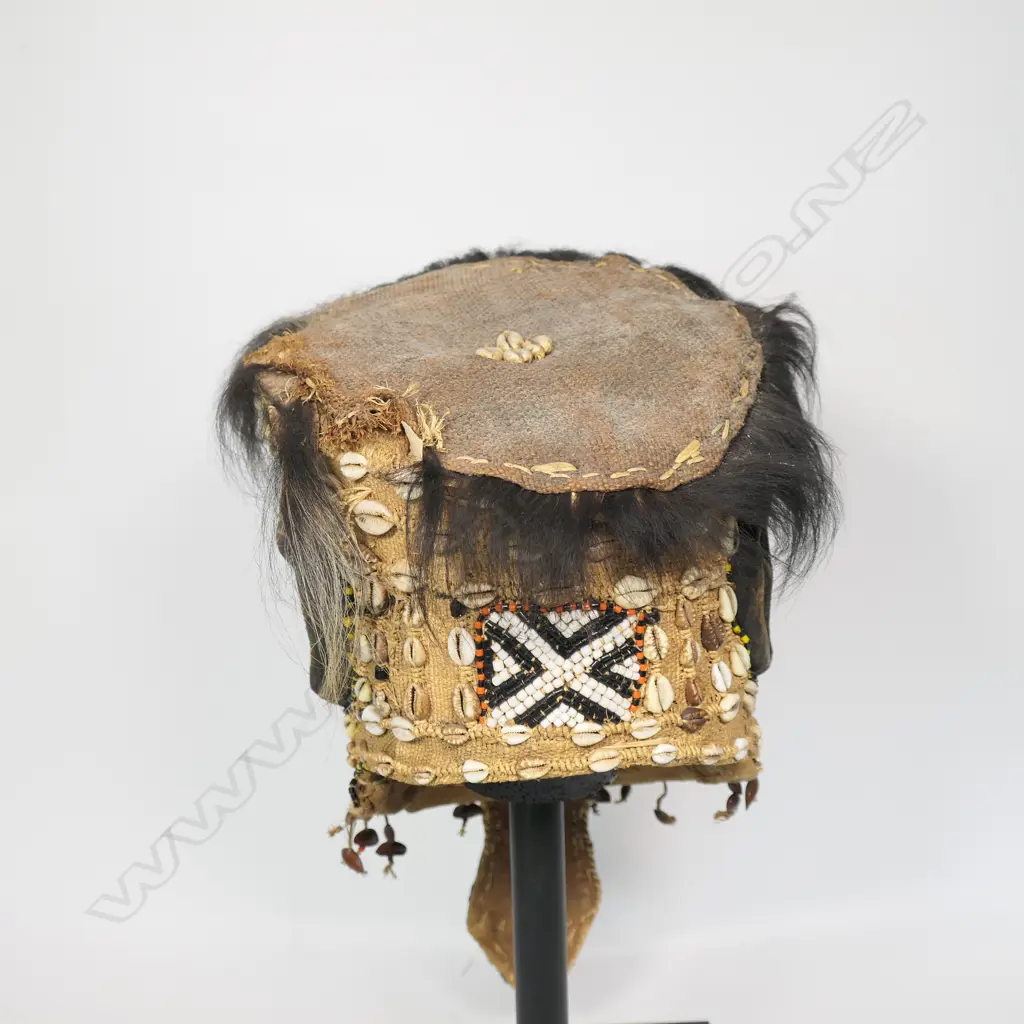 A Namibian mask on stand with copper metal foil & shells, Image 1++